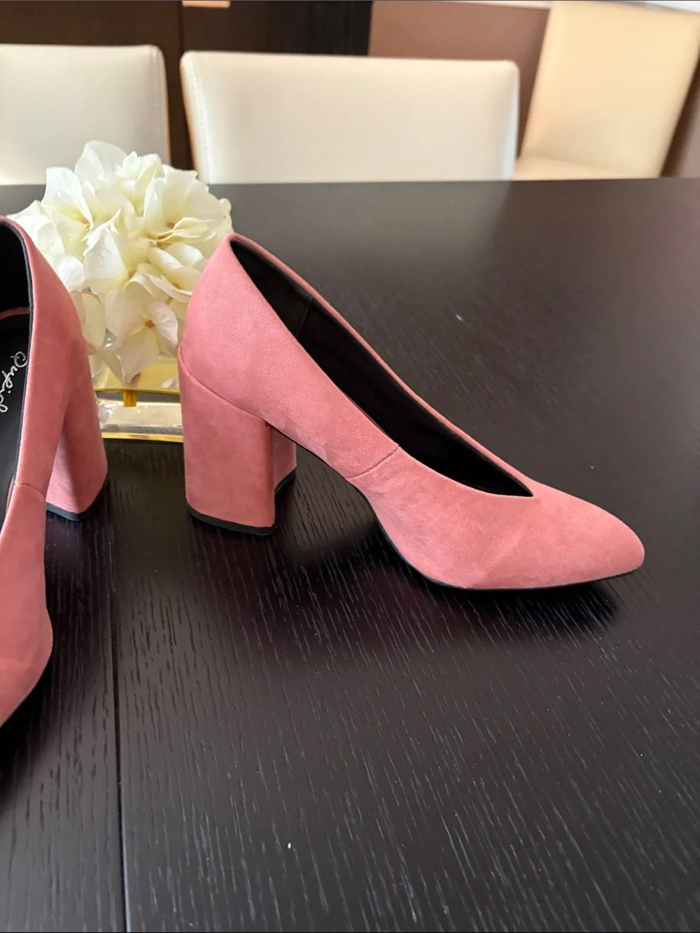 Cupid Coral Pink Suede Pointed V-Cut Block Heel Pumps